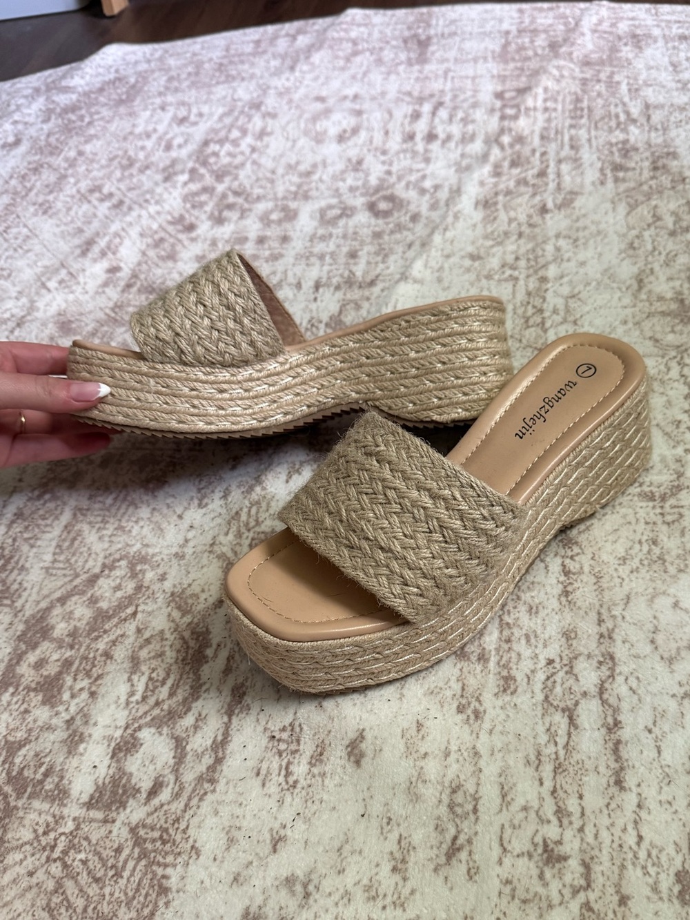 Tan Woven Platform Wedge Slides